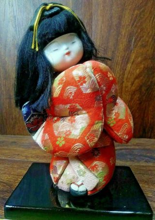 Vintage Japanese Geisha Girl Doll Porcelain & Fabric Kimono With Wooden Stand