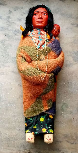 Vintage Skookum Doll W/ Papoose 12 " Composition & Wood Blanket Beads