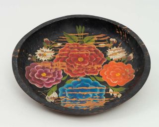 Vintage Mexican Batea Folk Art Tole Painted 12.  5 " Wooden Tray Hand Carved