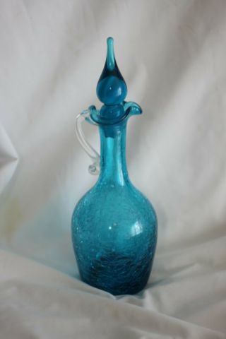 Vintage Turquoise Blenko Crackle Decanter With Stopper