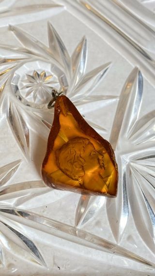 Vtg Natural Baltic Amber Reversed Carved Cameo Face Pendant Necklace Sterling