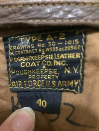 WW2 A - 2 Flight Jacket Poughkeepsie Leather Coat Co.  Size 40 w Name Tape 4
