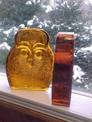 Vintage Blenko Heavy Deep Amber Glass Owl Bookends Heavy