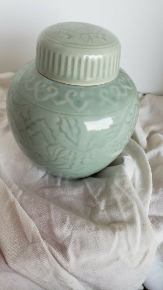 Small Vtg Celedon Green Porcelain Ginger Jar W/lid Floral Pattern Marked