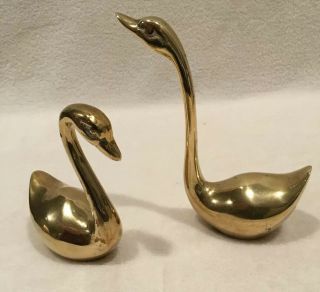 Vintage Brass Mid Century Modern Small Swans Birds Figurines 6” & 4.  25”