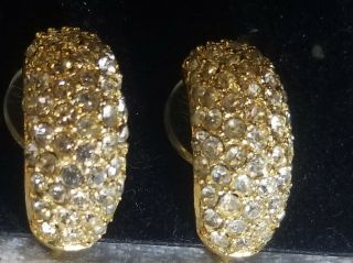 Vintage Christian Dior Pave Rhinestones Clip Earrings Goldtone Half Hoops 3/4 "