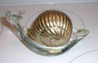 Large Vintage Solid Brass And Glass Snail Figurine Paper Weight