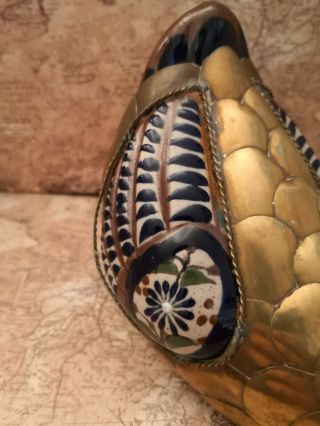 Vintage Brass Copper & Blue/White Ceramic Glazed Duck Figurine 3