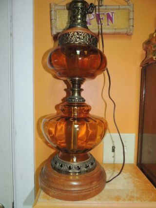 Vintage Table Lamp 34 " Amber Glass Mid Century Blonde Oak Double Globe 60 