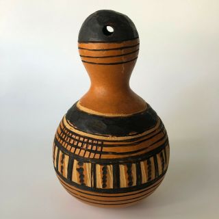 Vintage Hand Carved Peruvian Folk Art Gourd Decorative 6 " Wood Shaker