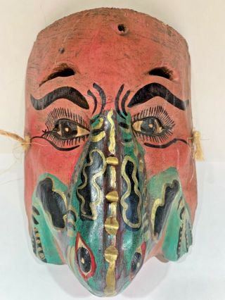 Old Vintage Mexican Dance Mask Carved Wood Frog Woman Face Painting Folk Art
