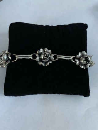 925 Sterling Silver Antique Rose Floral Design Link Bracelet 7.  5”