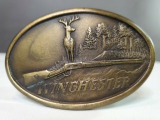 Vintage Winchester Arms Belt Buckle - Rifle & Huge Buck Indiana Metal Craft Xr77