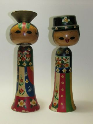 Vintage 10” Korean Hand Painted Wooden Bobble Head Kokeshi Dolls Bride Groom