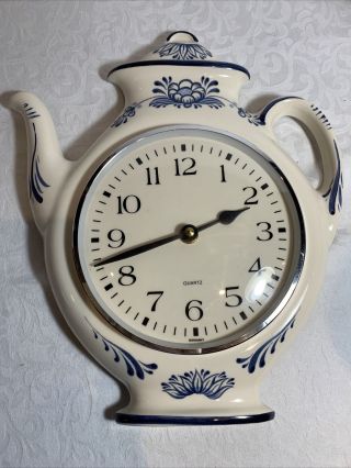 Vintage Zell Blue White Ceramic Teapot Wallclock Like Delft 11”