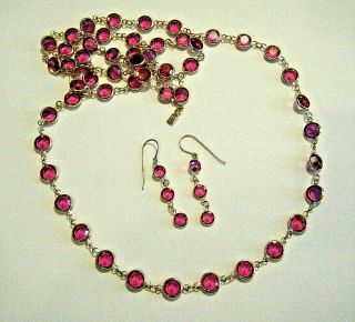 Vintage Swarovski Gold Open Bezel Fuchsia Pink Faceted Crystal Necklace Earrings