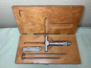Vintage Craftsman Depth Gage Micrometer W/ Wood Storage Box Case Usa