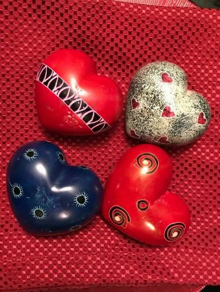 Kenyan Soapstone Heart Shaped Table Decor Or Paperweights African Art (set Of 4)