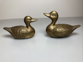 Brass Ducks,  Vintage Duck Figurines,  Set Of 2,  Small Etched Birds,  Mid - Century