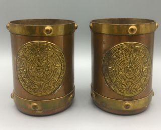 Vintage Set Of 2 Copper & Brass Aztec Mugs Made In Mexico