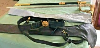 Post Wwii Model 1852 U.  S.  Naval Officers Etched Sword - Scabbard - Case - Buckle - Belt