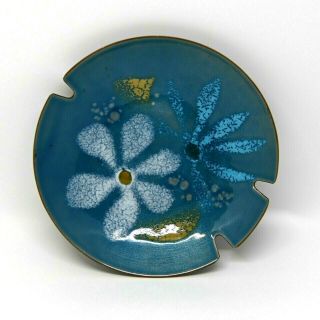 Vintage Mid - Century Modern Enameled Copper Ashtray Blue Flowers