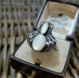 Marcasite And Mother Of Pearl Sterling Silver Vintage Ring,  Art Deco,  Size M 1/2