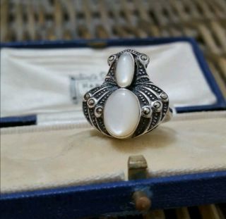 Marcasite and Mother of Pearl Sterling Silver Vintage Ring,  Art Deco,  Size M 1/2 2