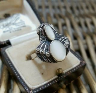 Marcasite and Mother of Pearl Sterling Silver Vintage Ring,  Art Deco,  Size M 1/2 3
