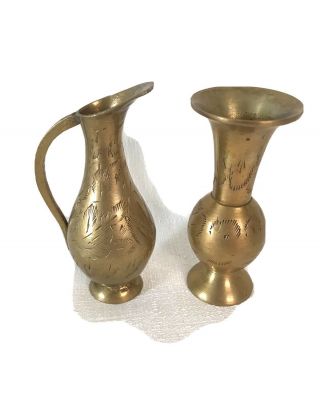 Slender Brass Pitcher And Small Brass Vase Jug Pot