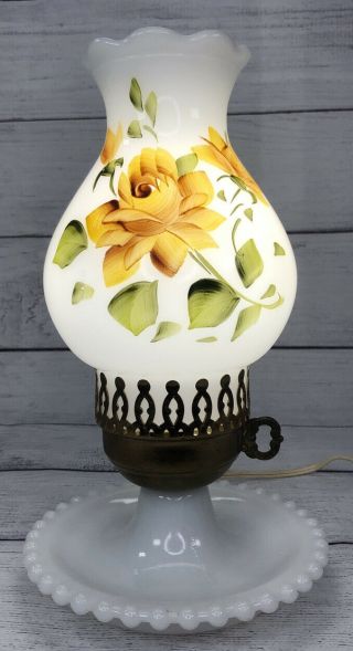 Vintage Milk Glass Hurricane Lamp Hand Painted Yellow Roses Hobnail Base 11 "