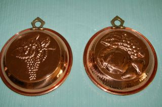 Two Heavy Solid Copper Molds With Brass Hangers And Tin Lining Fruit Design