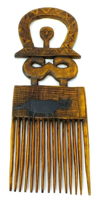 Vintage African Wooden Hand Crafted Tribal Hair Comb Figurine Art Animals Carved
