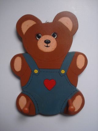 Vtg Wooden Wall Hanging Teddy Bear 2 Hook Handmade Painted Boy Clothes