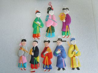 Vintage 8 Chinese Paper Cloth Doll Ornaments People 