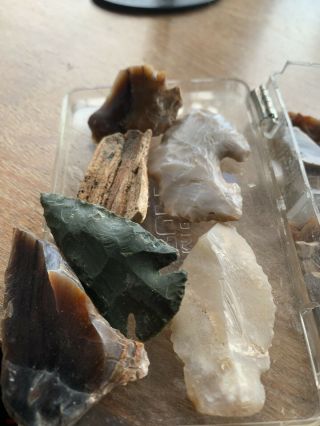 Box Of Arrowheads Petrified Wood And Other Archeologicsl Mystery Bits