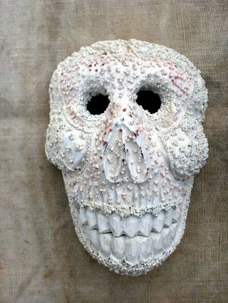 Carved Wood Mexican Skull Mask Covered With Beads And Painted White