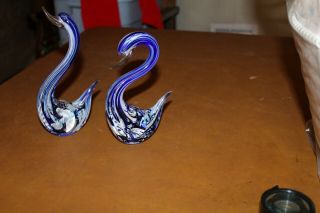 2 Vintage Murano Art Glass Swans Cobalt Blue With White Swirls 7 " & 8 "