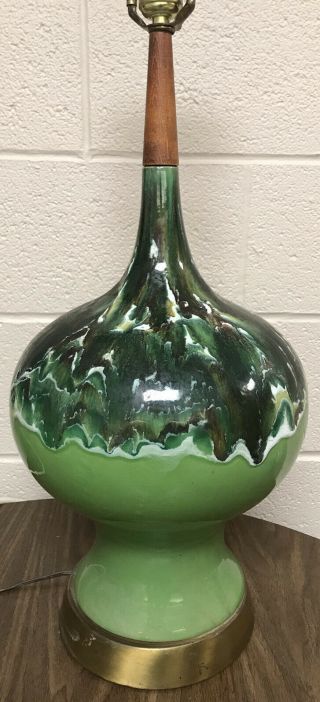 Vtg 1960s Mid Century Modern Drip Glaze Ceramic Art Groovy Green Mcm Table Lamp