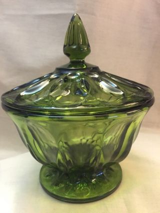 Vintage Indiana Depression Glass Footed Candy Dish With Lid Avocado Green Color