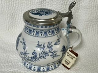 Vintage Kuhr Muhlried Bavaria West Germany Porcelain Blue/white Lidded Stein
