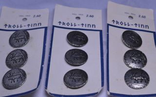 Set Of 9 Vintage Troll - Tinn Pewter Buttons On Cards - Moose Or Reindeer