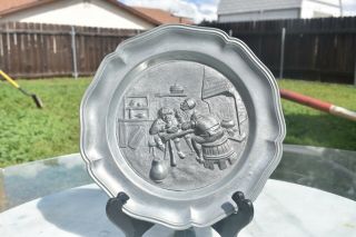 Vintage German Pewter 3d Wall Hanging 9 " Plate - 3 Soldiers Eating In A Tavern