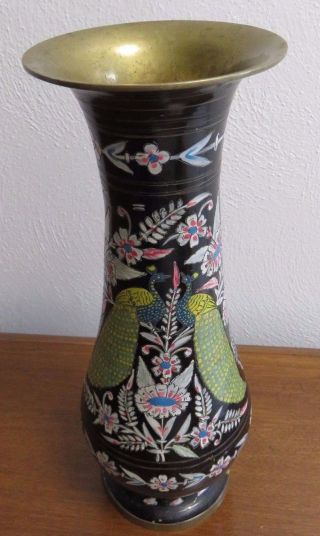 Vintage Hand Painted Peacocks & Flowers Etched On Black Enamel Brass Vase 11.  25 "