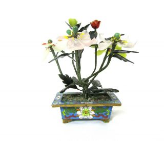 Vintage Chinese Jade And Hard Stone Bonsai Tree In Cloisonne Flower Pot