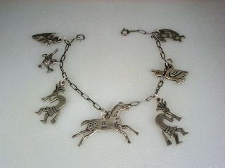 Vintage Southwestern Native American Style Sterling Silver Charm Bracelet