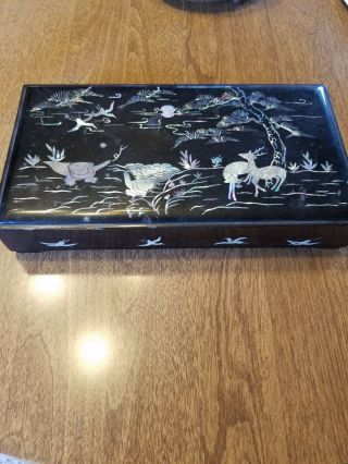 Vintage Japanese Black Lacquer Mother Of Pearl Inlay Wood Cigarette Box Ashtray