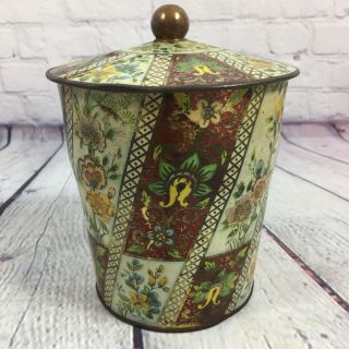 Vintage Tin Container Floral Print Made In England - 6.  25 " Tall