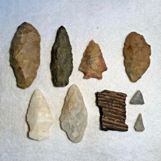 Authentic 9 Spearheads,  Dart Points,  Scrapers,  Pottery,  Chert And Quartzite,  Al