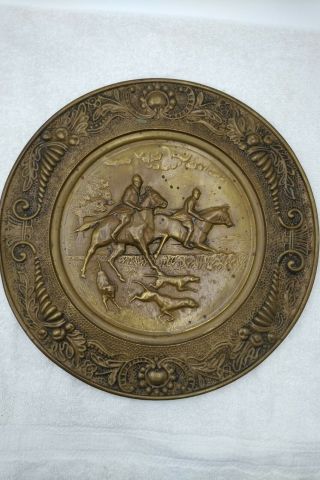 Vintage Brass Wall Hanging Plate.  Fox Hunting Scene.  Made In England.